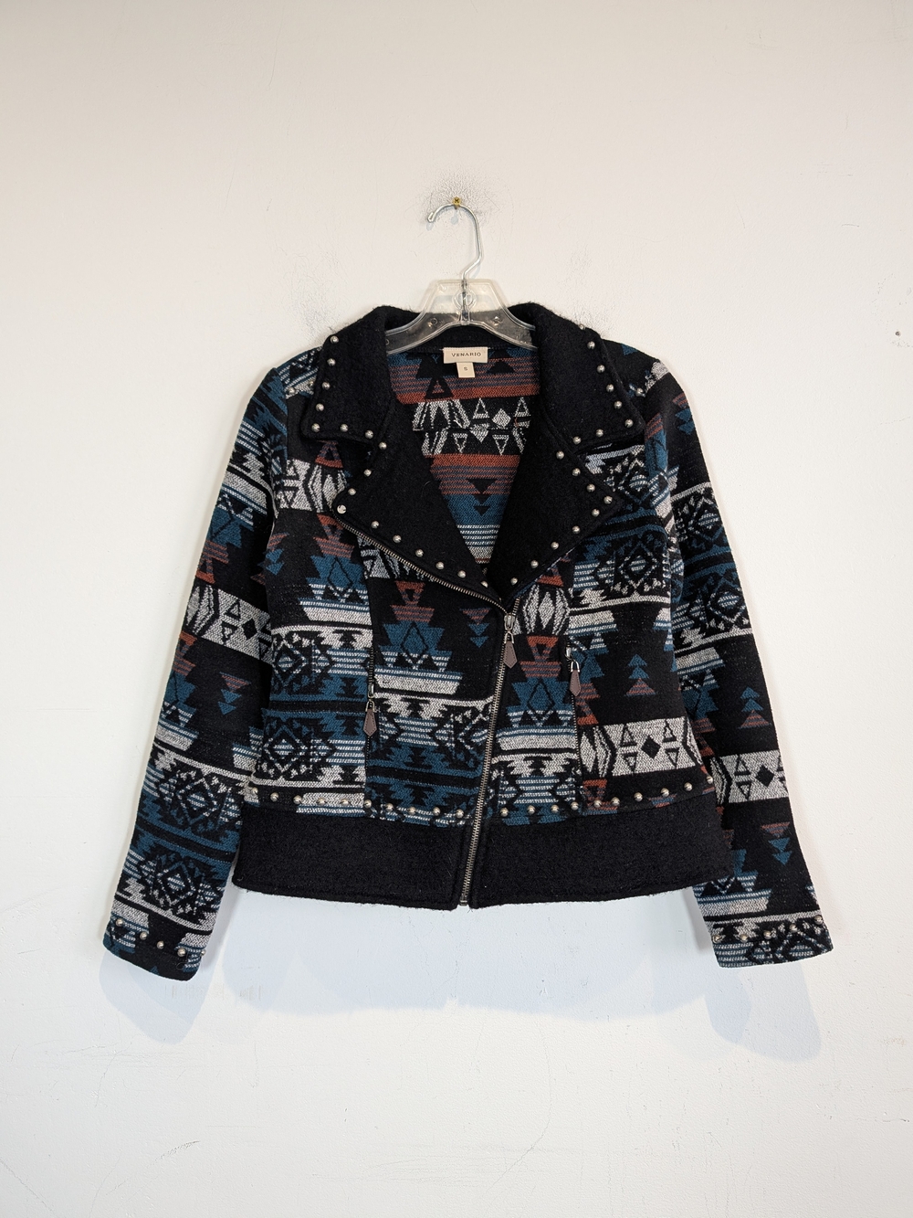 VENARIO Patterned Stud-Trim Wool Blend Moto Jacket, Size Small